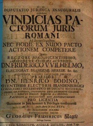 Disputatio Iuridica Inauguralis exhibens Vindicias Pactorum Iuris Romani Ad demonstrandum Nec Hodie Ex Nudo Pacto Actionem Competere