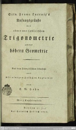 Anfangsgründe der ebenen und sphärischen Trigonometrie und der höheren Geometrie