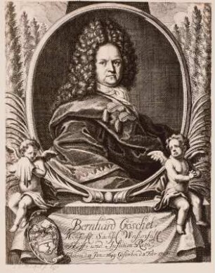 Mentzel, Johann Georg (Stecher): Bildnis des Weißenfelser Justizrates Bernhard Göschel. Kupferstich; 19,5 x 15,4 cm. Dresden: Kupferstich-Kabinett A 138882 in A,2 (INT XV-XIX, Bildnisse, G II), Singer 33097