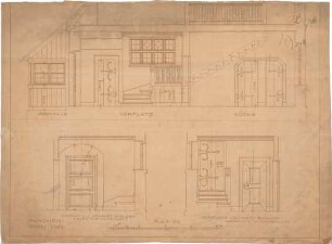 Pfann, Paul; Nürnberg - Grossreuth hinter der Veste; Wohnhaus Fritz Pfann - Vorhalle, Vorplatz u. Küche (Ansichten m. Schnitt)
