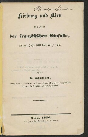 Kirburg und Kirn zur Zeit der französischen Einfälle von dem Jahre 1681 bis zum J. 1735