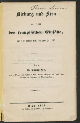 Kirburg und Kirn zur Zeit der französischen Einfälle von dem Jahre 1681 bis zum J. 1735