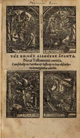 Tēs Kainēs Diathēkēs Hapanta : Cum scholijs ex Patribus & historijs in loca obscuriora in marginibus adiectis = Noui Testamenti omnia