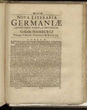 Nova Literaria Germaniæ...Collecta Hamburgi Editaque Calendis Novembris MDCCIX.