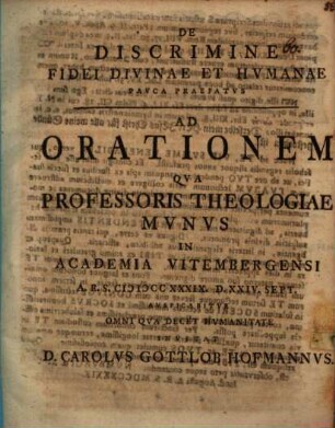 [Programma quo ...] de discrimine fidei divinae et humanae pauca praefatus