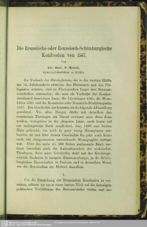 Die Reussische oder Reussisch-Schönburgische Konfession von 1567