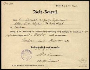 militärisches Zeugnis für Otto Lilienthal