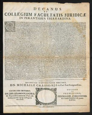 Decanus Et Collegium Facultatis Juridicae In Perantiqua Eberhardina, L. S.