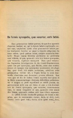 De formis syncopatis, quae vocantur, verbi latini