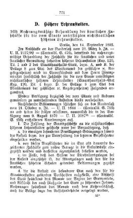 Rechnungsmäßige Behandlung der staatlichen Zuschüsse für die vom Staate unterstützten höheren Lehranstalten : [D. Höhere Lehranstalten]
