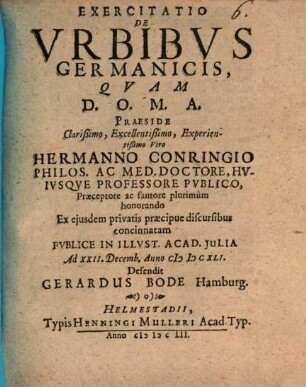 Exercitatio De Urbibus Germanicis