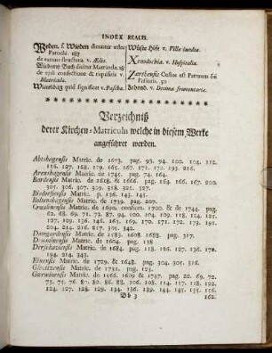 Verzeichniß derer Kirchen-Matriculn welche in diesem Werke angeführet werden.