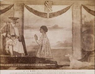 Piero della Francesca: Sigismondo Malatesta kniend vor seinem Namenspatron, dem Heiligen Sigismund. Tempel Malatestiano, heute Kathedrale, Rimini
