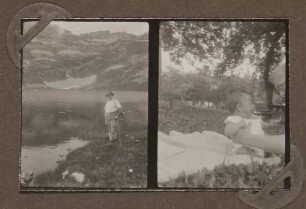 Doppelabzug: Heinrich Zimmer an einem Bergsee; Clemens Zimmer als Baby auf einer Picknickdecke