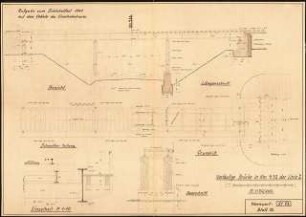 Behelfsmäßige Wiederherstellung einer kriegszerstörten Gebirgs-Eisenbahn Schinkelwettbewerb 1941: Provisorische Brücke (Variante 2). Ansicht, Schnitte, Grundriss 1:50, Details 1:10