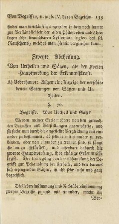 Zweyte Abtheilung. Von Urtheilen und Sätzen, als der zwoten Hauptwirkung der Erkenntnißkraft