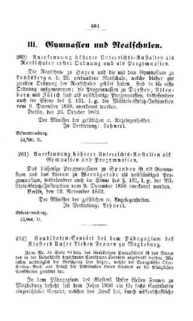Anerkennung höherer Unterrichts-Anstalten als Gymnasien und Progymnasien : [III. Gymnasien und Realschulen]
