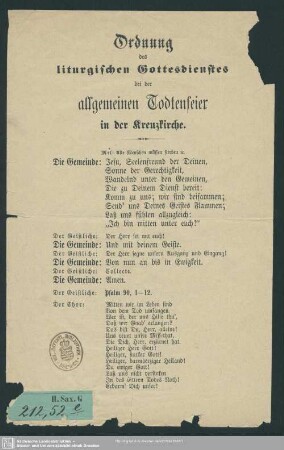 Ordnung des liturgischen Gottesdienstes bei der allgemeinen Todtenfeier in der Kreuzkirche