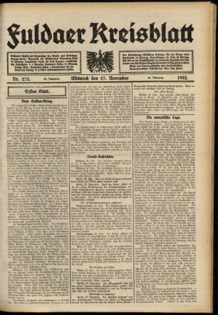 Erste Ausgabe vom Mittwoch, den 27. November 1912.