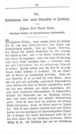 VII. Ankündigung einer neuen Lehranstalt in Hamburg von Johann Carl Daniel Curio, bisherigem Gehülfen der Fahrenkrügerschen Pensionsanstalt.