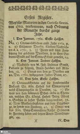 Erstes Register. Was für Materien in den Curiosis Saxon. von 1762. vorkommen, nach Ordnung der Monathe durchs ganze Jahr