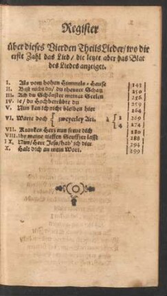 Register über dieses Vierden Theils Lieder ...