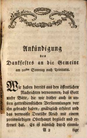 Anordnung des Gottesdienstes bei dem Dankfeste, welches wegen der erfolgten Wal und Krönung S. R. Majestät, Leopolds des Zweiten am 24. October dieses Jahres als am 21. Sonntag nach Trinitatis in der hiesigen evangelischen Gemeine soll gehalten werden