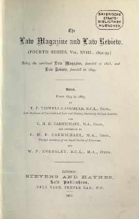 Law magazine and review : a quarterly review of jurisprudence. 18. 1892/93