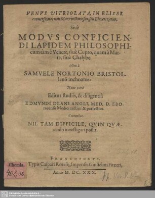 Venus Vitriolata, In Elixer conversa, nec non Mars victoriosus, seu Elixerizatus : Sive Modus Conficiendi Lapidem Philosophicum tam e venere, sive Cupro, quam a Marte, sive Chalybe