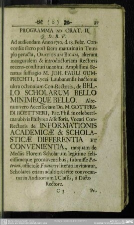 De Bello Scholarum Bello Minimeque Bello Anno 1710. de Concordiae sacro 18. Febr. Alteram