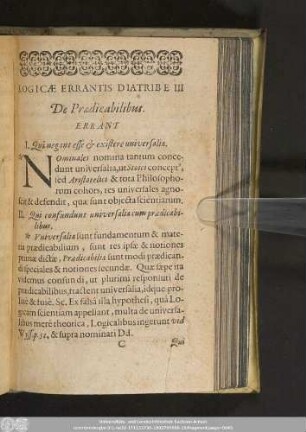 Logicae Errantis Diatribe III De Praedicabilibus.