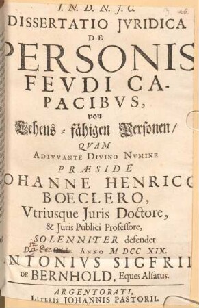Dissertatio Jvridica De Personis Fevdi Capacibvs, von Lehens-fähigen Personen