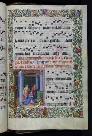 Zierseite mit Bordürenrahmen, Initiale mit Miniatur: L(umen), Mariae Reinigung