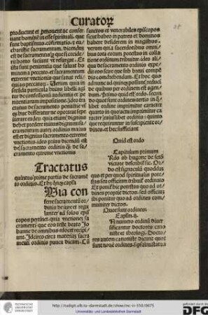 Tractatus quintus prime partis de sacramento ordinis, et habet quinque capitula.