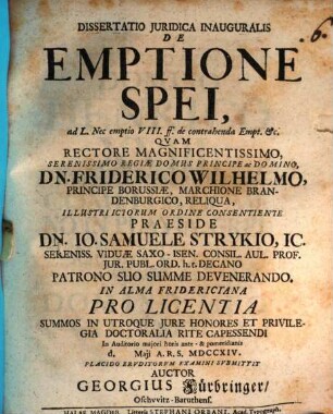 Disp. iur. inaug. de emptione spei