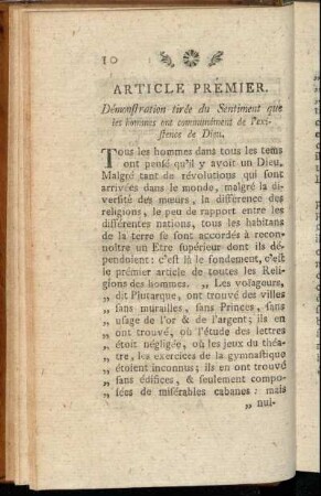 Article Prémier. Démonstration tirée du Sentiment que les hommes ont communément de l'existence de Dieu.