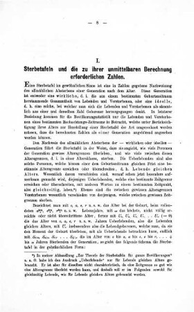 I. Sterbetafeln und die zu ihrer unmittelbaren Berechnung erforderlichen Zahlen.