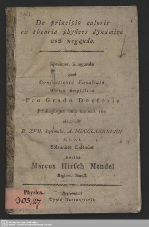 De principio caloris ex theoria physices dynamica non negando : Specimen inaugurale quod Consiente Facultate Medica Amplissima Pro Gradu Doctoris ... D. XVII. Septembr. A. MDCCLXXXXVIIII.