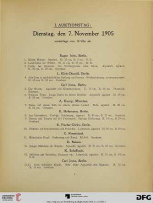I. Auktionstag: Dienstag, den 7. November 1905 vormittags von 10 Uhr ab (Nr. 1-167)