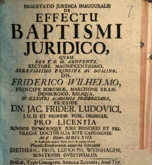 Dissertatio Juridica Inauguralis De Effectu Baptismi Juridico