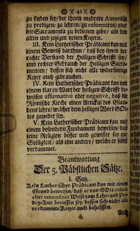 Beantwortung Der 5. Päbstlichen Sätze.