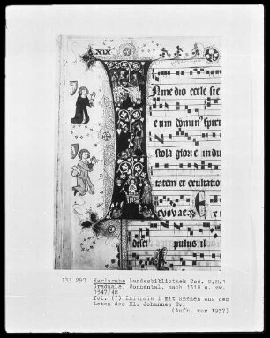 Graduale Cisterciense — Buchseite mit einer Initiale und zwei Miniaturen, Folio 19verso