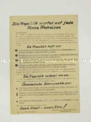 Hektografiertes Propagandaflugblatt aus dem Eisenhüttenkombinat Ost mit dem Aufruf zur Produktionssteigerung