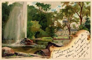 Postkartenalbum mit Motiven von Karlsruhe. "Schlossgarten in Karlsruhe". Schlossgartensee mit Fontäne und Schlossturm