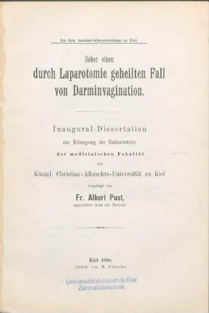 Ueber einen durch Laparotomie geheilten Fall von Darminvagination
