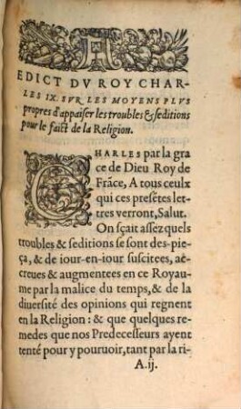 Edict du roy Charles IX., faict sur les moyens pour appaiser les troubles survenus pour le faict de la religion