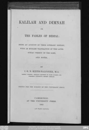 Kalilah and Dimnah or the fables of Bidpai, being an account of their literary history