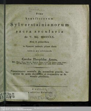 1820: Nonnulla de accentibus graecis, inprimis de acuto distinctivo et conjunctivo ac de voculis procliticis