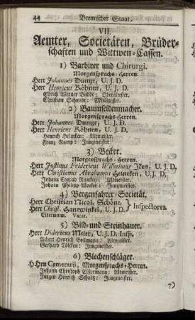 VII. Aemter, Societäten, Brüderschaften und Wittwen-Cassen.