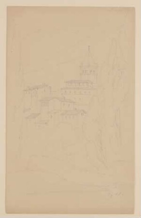 Blick aus dem Garten der Villa d"Este in Tivoli [aus einem Konvolut von 107 Blatt Architekturstudien und Skizzen einer Italienreise]